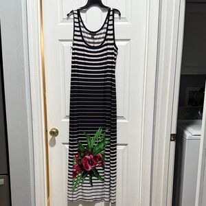 Connected Apparel Black and White Striped Maxi Dress with Floral Accent